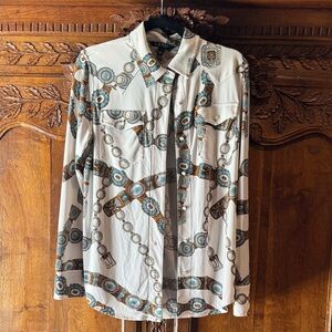 Lauren Ralph Lauren White and Brown Patterned Button Down Shirt